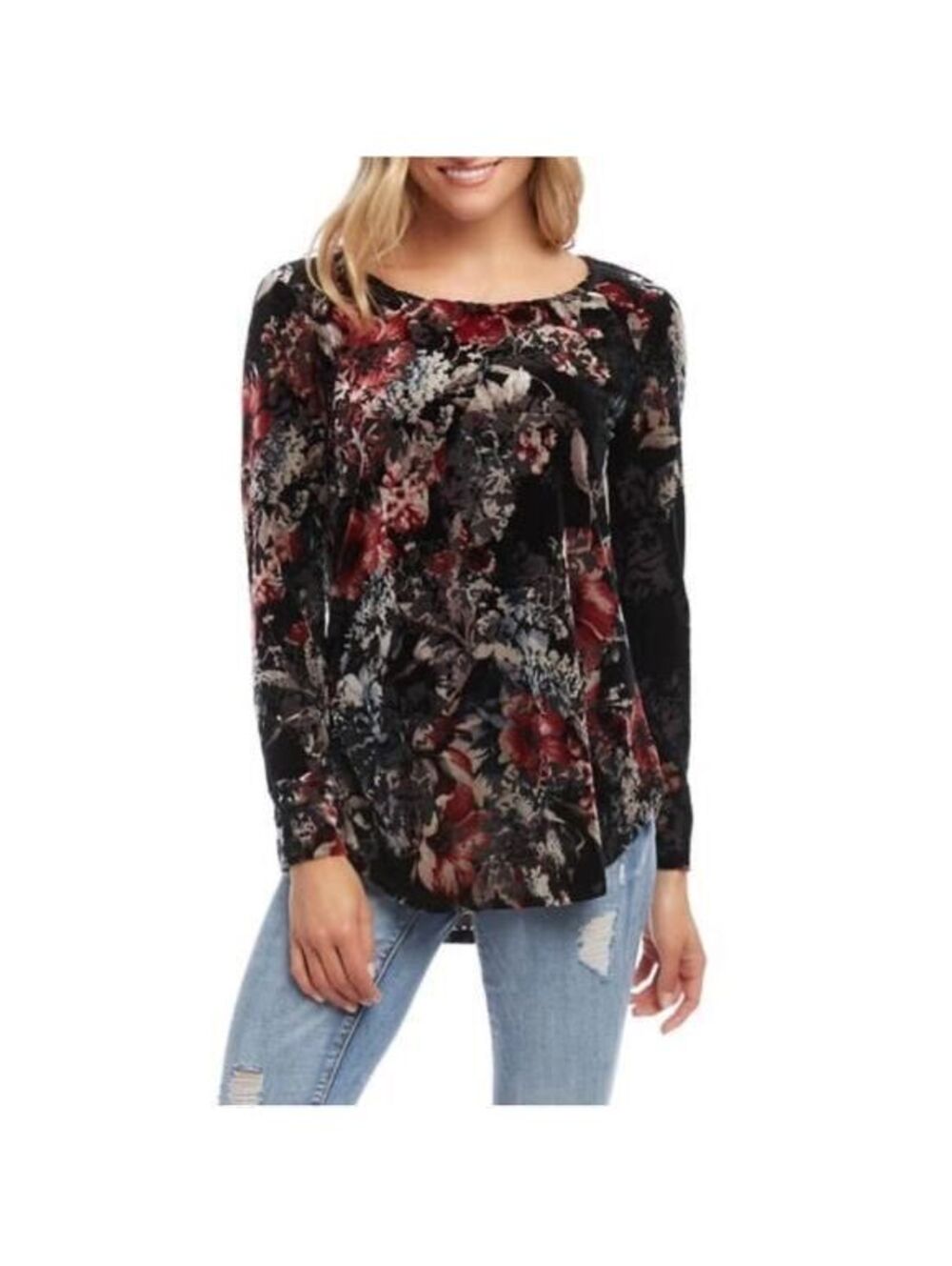 #109 Karen Kane Black Multicolor Floral Velvet Velour Burnout With Stretch